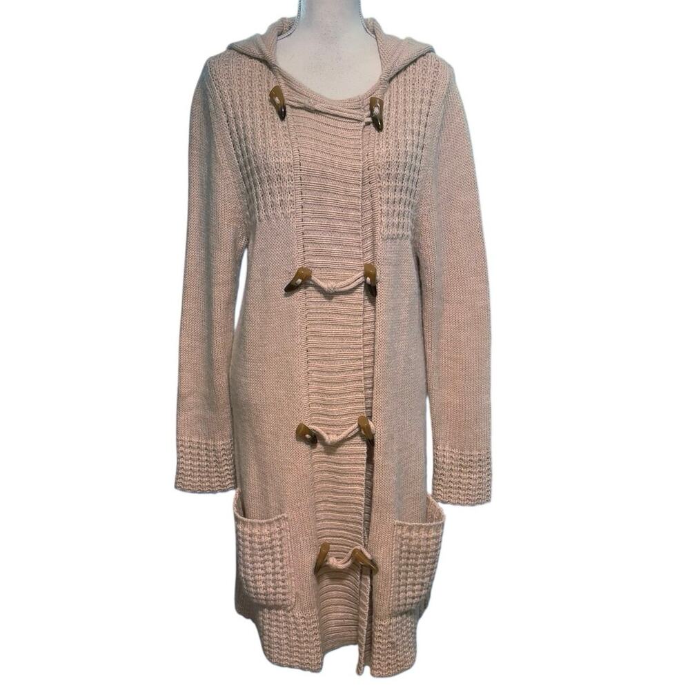 Brochu Walker Size M Longline Hooded Cardigan Sweater Toggle Alpaca Wool Beige